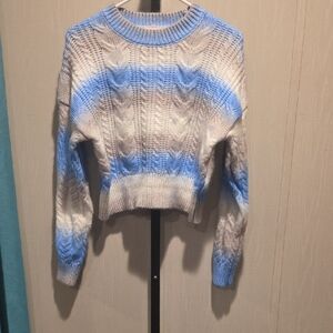 (J34) No Boundaries Blue and Cream Cable Knit Sweater Sz L Juniors